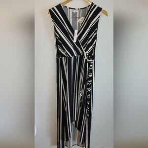 Chic Asymmetrical Black and White Striped Wrap Dress